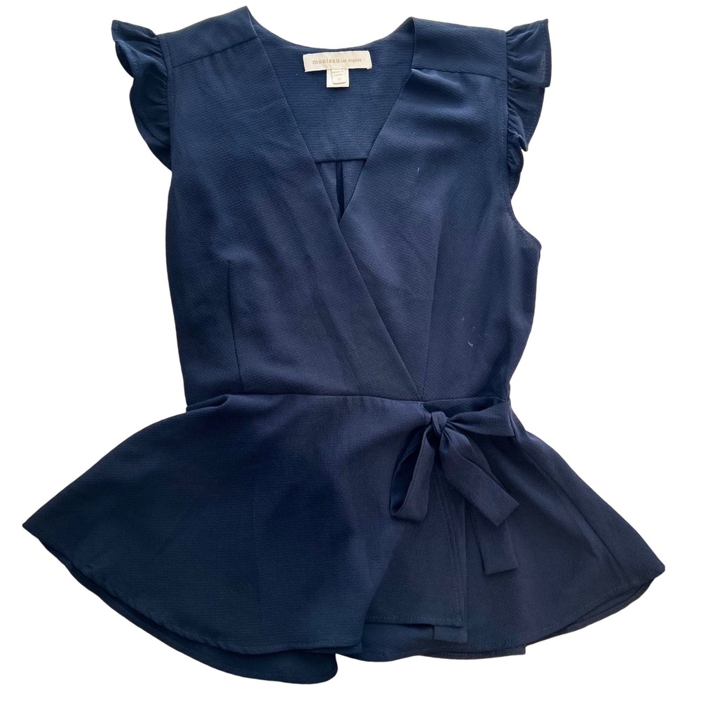 Monteau Peplum Wrap Top Navy Blue Ruffle Sleeve Women Size M